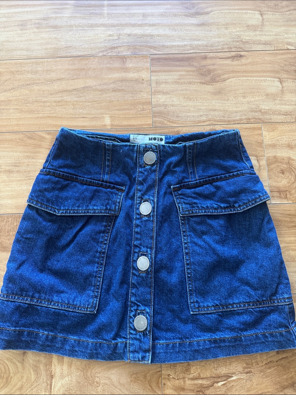 Topshop Button-Front Denim Mini Skirt in Dark Blue